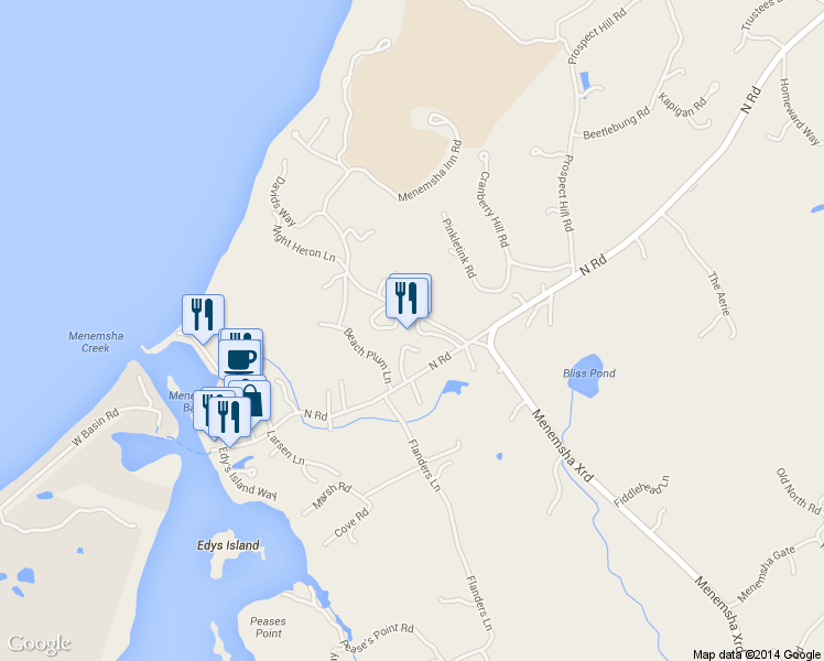 map of restaurants, bars, coffee shops, grocery stores, and more near 15 Menemsha Inn Road in Chilmark
