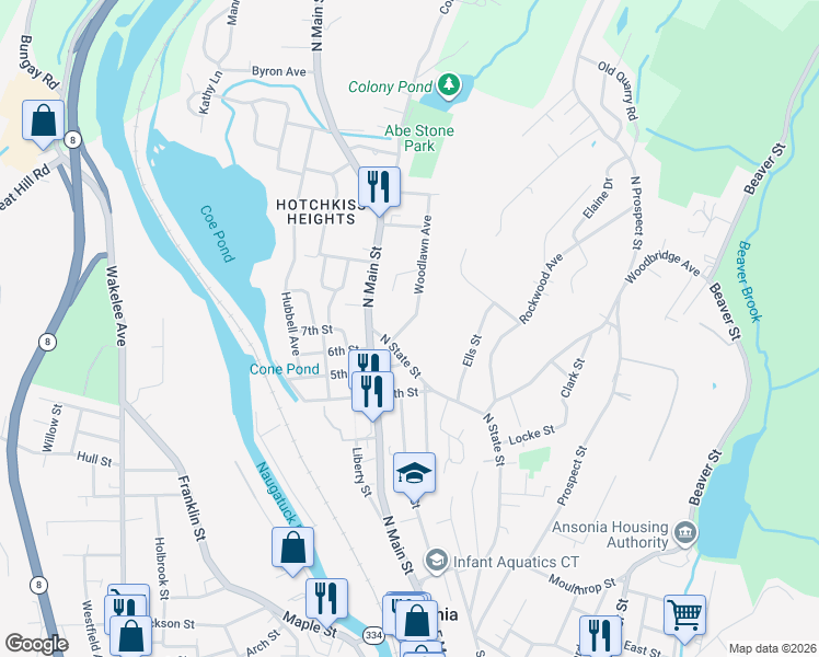 map of restaurants, bars, coffee shops, grocery stores, and more near 23 Smith Street in Ansonia