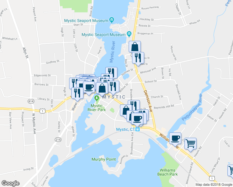 map of restaurants, bars, coffee shops, grocery stores, and more near 24 Willow Street in Stonington