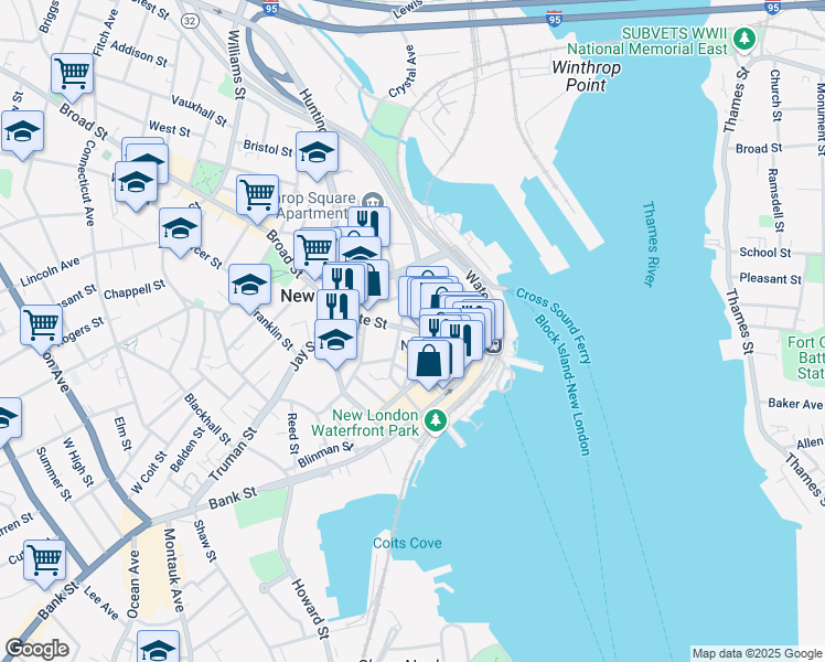map of restaurants, bars, coffee shops, grocery stores, and more near State Street in New London