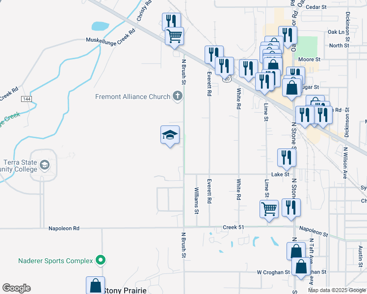 map of restaurants, bars, coffee shops, grocery stores, and more near 718 North Brush Street in Fremont