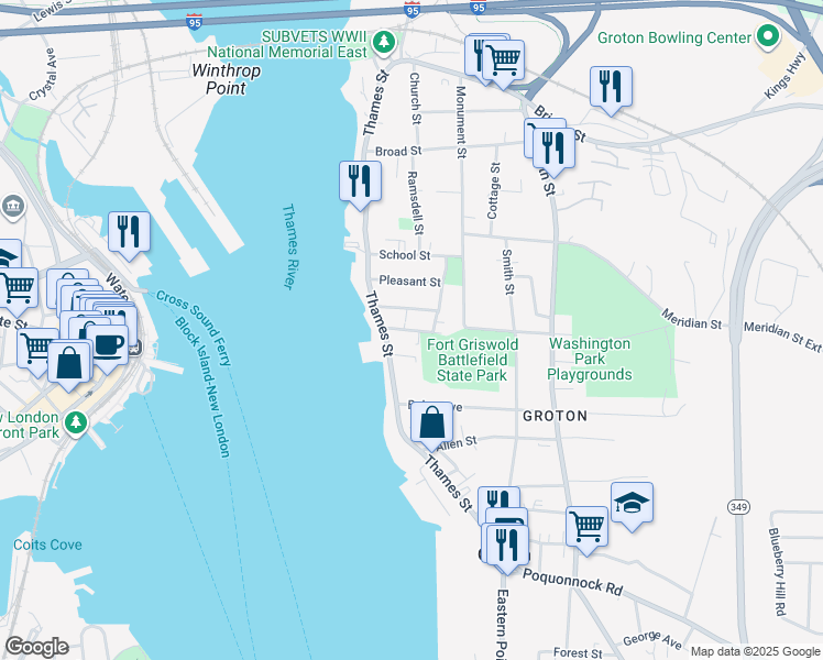 map of restaurants, bars, coffee shops, grocery stores, and more near 300 Thames Street in Groton