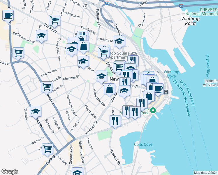 map of restaurants, bars, coffee shops, grocery stores, and more near 45 Franklin Street in New London