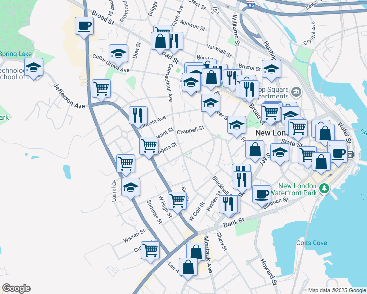 map of restaurants, bars, coffee shops, grocery stores, and more near 119 Connecticut Avenue in New London