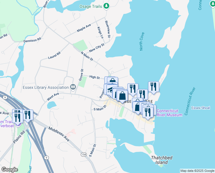 map of restaurants, bars, coffee shops, grocery stores, and more near 9 Prospect Street in Essex
