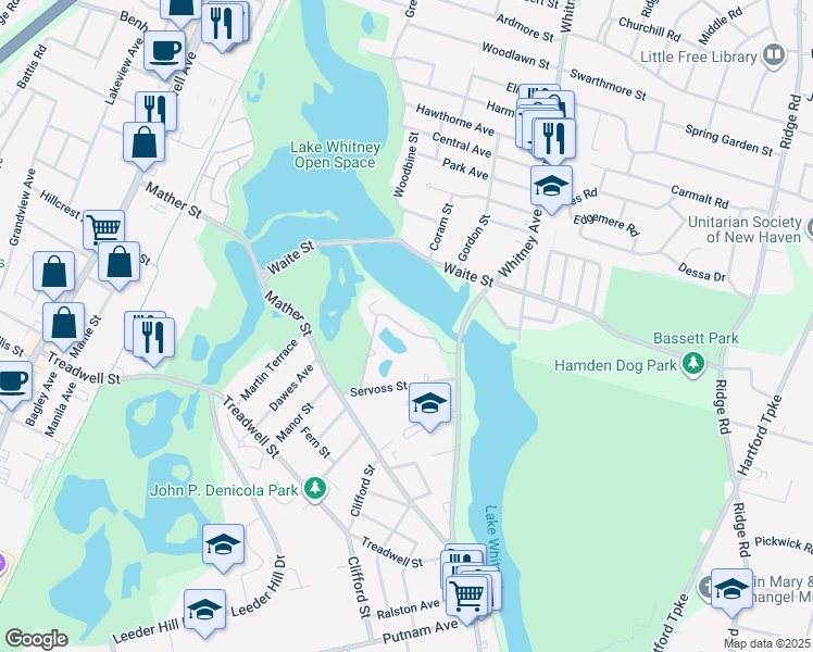 map of restaurants, bars, coffee shops, grocery stores, and more near 68 North Lake Drive in Hamden