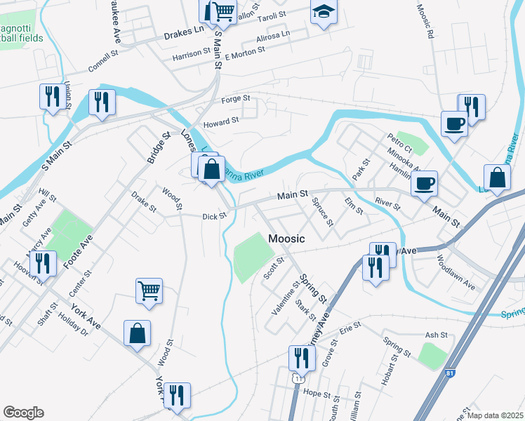 map of restaurants, bars, coffee shops, grocery stores, and more near 210 Main St in Moosic