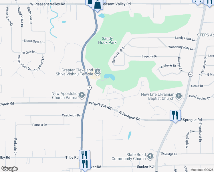 map of restaurants, bars, coffee shops, grocery stores, and more near 7771 Arbor Way in Parma