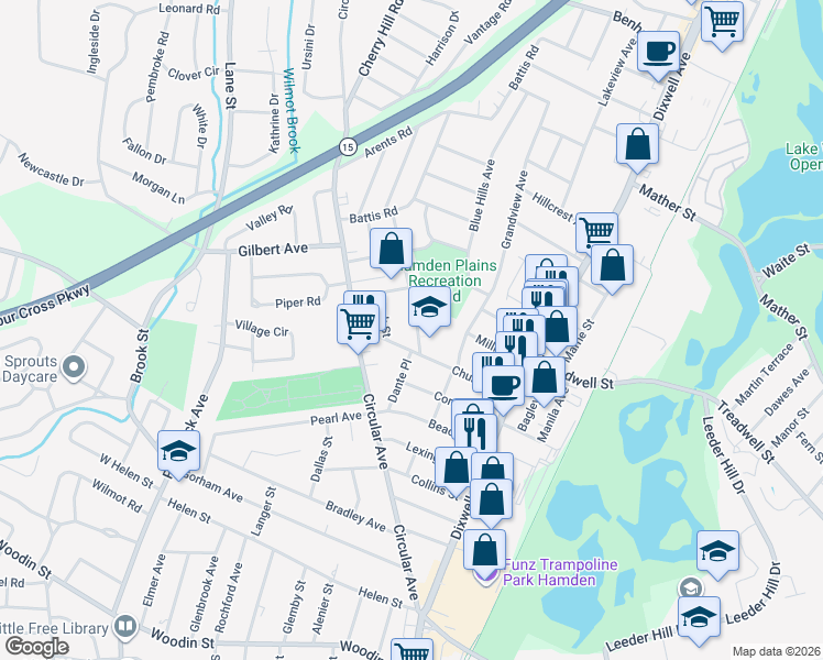 map of restaurants, bars, coffee shops, grocery stores, and more near 22 Chester Street in Hamden