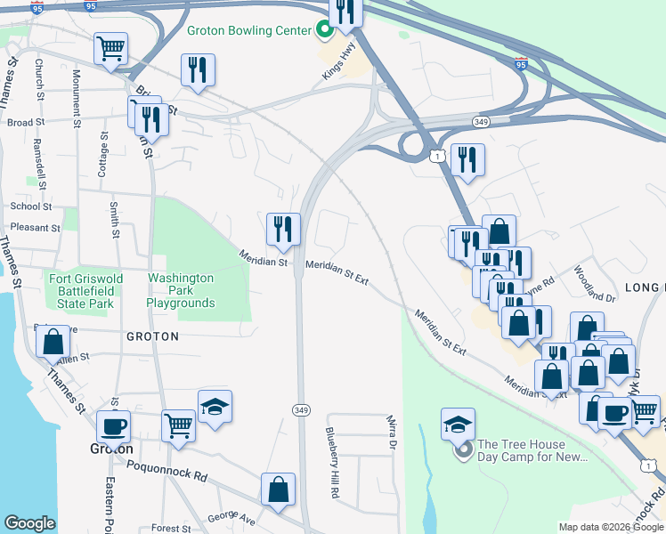map of restaurants, bars, coffee shops, grocery stores, and more near 368 Meridian Saint Exd in Groton