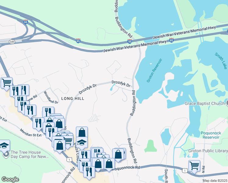 map of restaurants, bars, coffee shops, grocery stores, and more near 301 Buddington Road in Groton