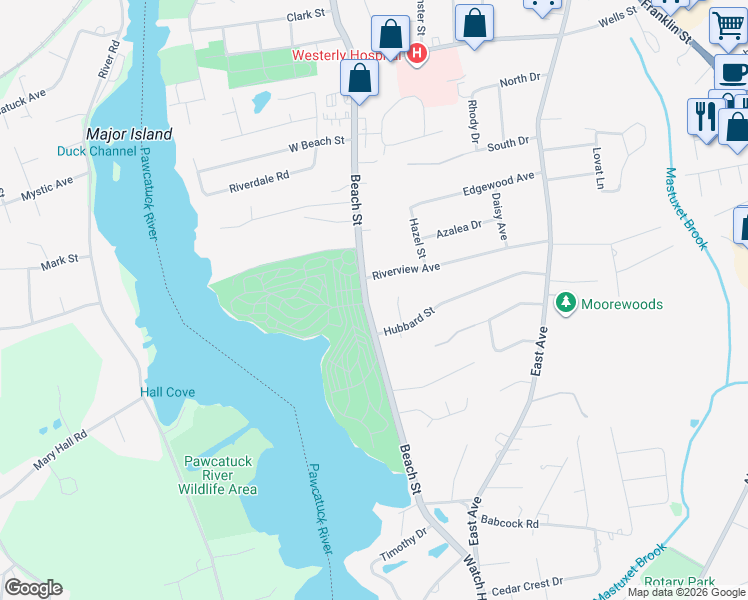 map of restaurants, bars, coffee shops, grocery stores, and more near 6 London Plane Court in Westerly