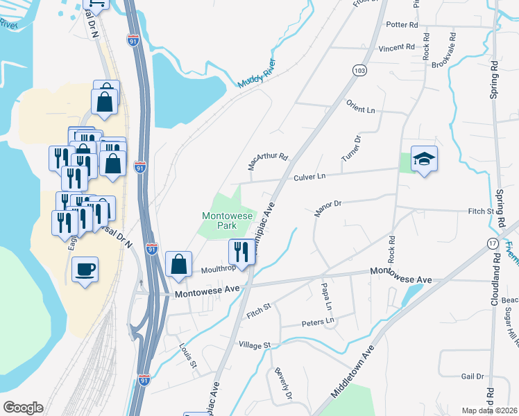 map of restaurants, bars, coffee shops, grocery stores, and more near 298 Quinnipiac Avenue in North Haven