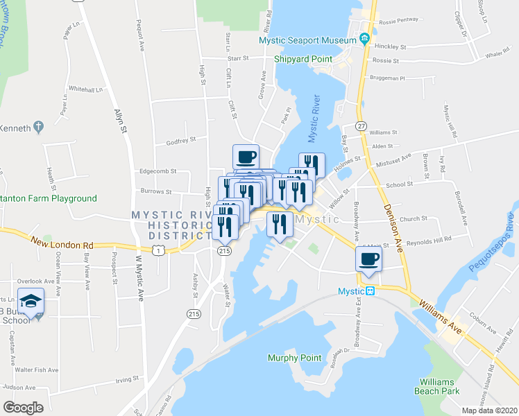 map of restaurants, bars, coffee shops, grocery stores, and more near 18 West Main Street in Mystic