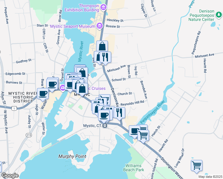 map of restaurants, bars, coffee shops, grocery stores, and more near 1853 Denison Avenue in Stonington