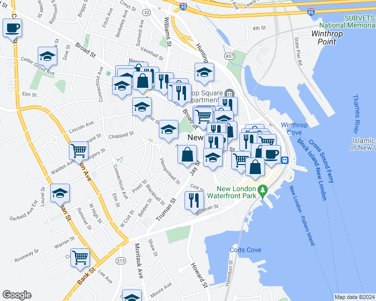 map of restaurants, bars, coffee shops, grocery stores, and more near 45 Franklin Street in New London