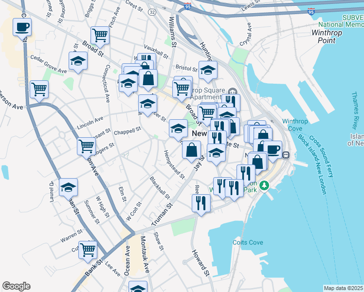 map of restaurants, bars, coffee shops, grocery stores, and more near 45 Franklin Street in New London