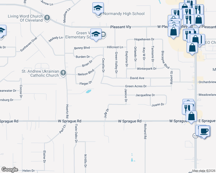 map of restaurants, bars, coffee shops, grocery stores, and more near 2325 Green Acres Drive in Parma