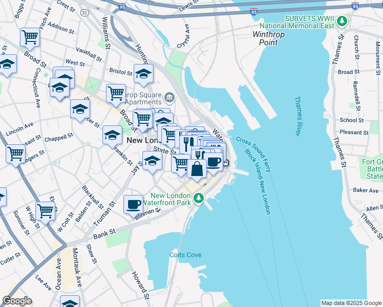 map of restaurants, bars, coffee shops, grocery stores, and more near 107 State Street in New London
