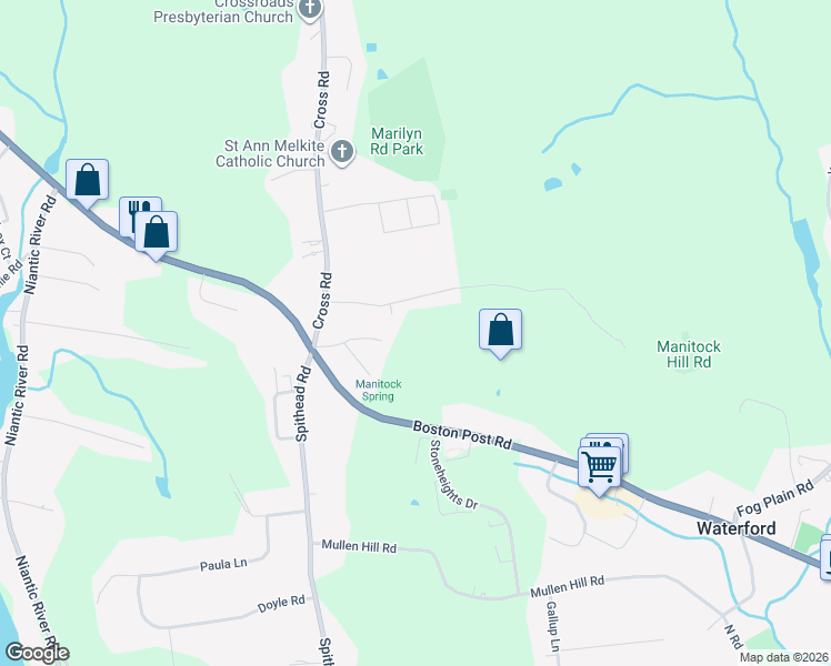 map of restaurants, bars, coffee shops, grocery stores, and more near 16 Sunniecrest Drive in Waterford