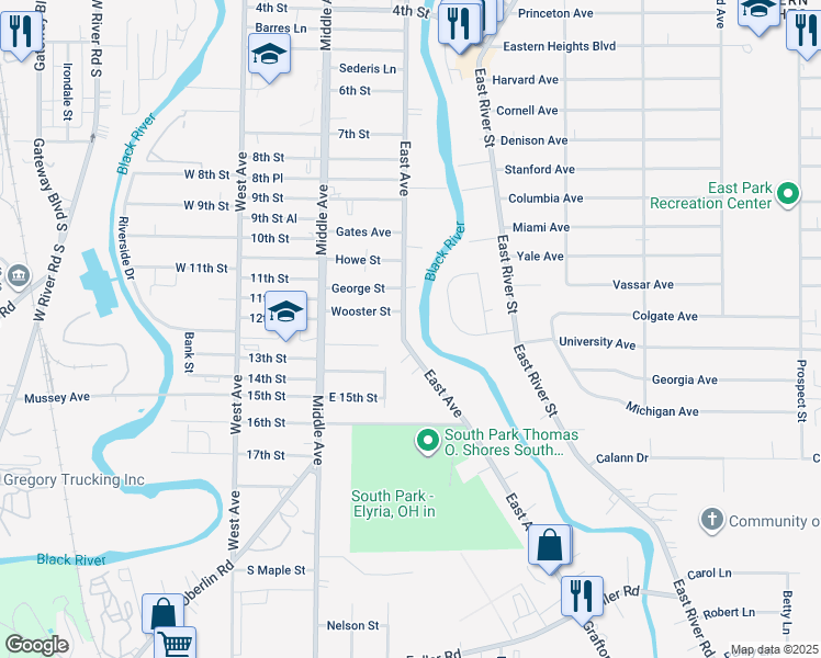 map of restaurants, bars, coffee shops, grocery stores, and more near 1234 East Avenue in Elyria