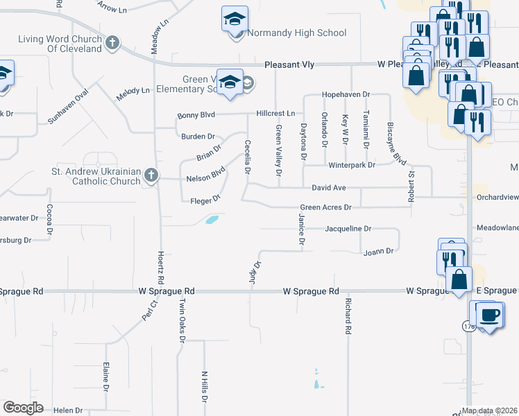 map of restaurants, bars, coffee shops, grocery stores, and more near 2325 Green Acres Drive in Parma