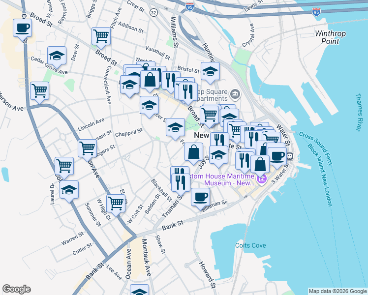 map of restaurants, bars, coffee shops, grocery stores, and more near 45 Franklin Street in New London