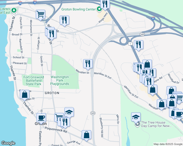 map of restaurants, bars, coffee shops, grocery stores, and more near 600 Meridian Street in Groton