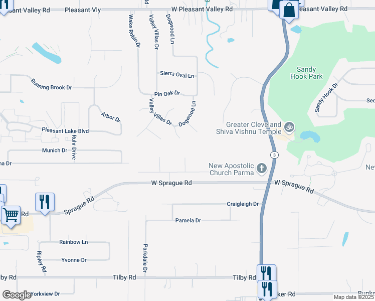 map of restaurants, bars, coffee shops, grocery stores, and more near 7955 Oakbrook Oval in Cleveland