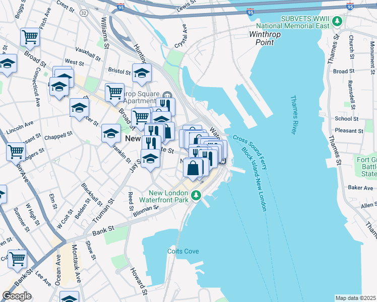map of restaurants, bars, coffee shops, grocery stores, and more near 165 State Street in New London
