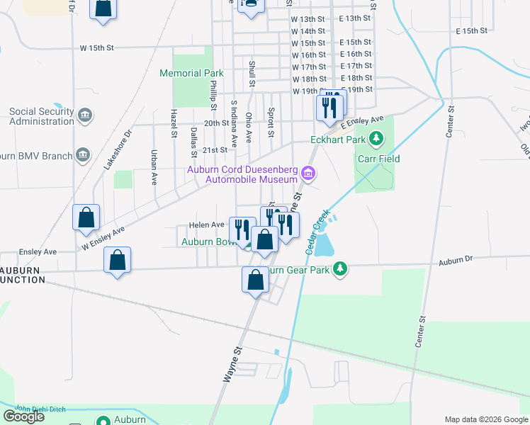 map of restaurants, bars, coffee shops, grocery stores, and more near 339 Lincoln Street in Auburn