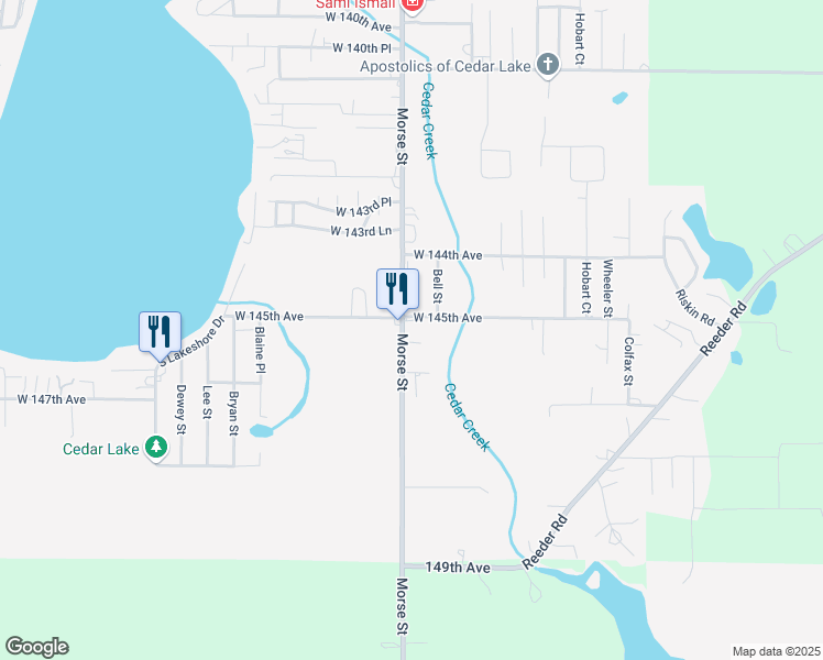 map of restaurants, bars, coffee shops, grocery stores, and more near 14505 Morse Street in Cedar Lake