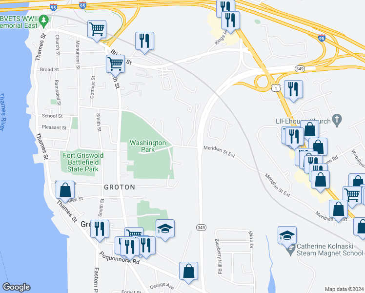map of restaurants, bars, coffee shops, grocery stores, and more near 282 Meridian Street in Groton