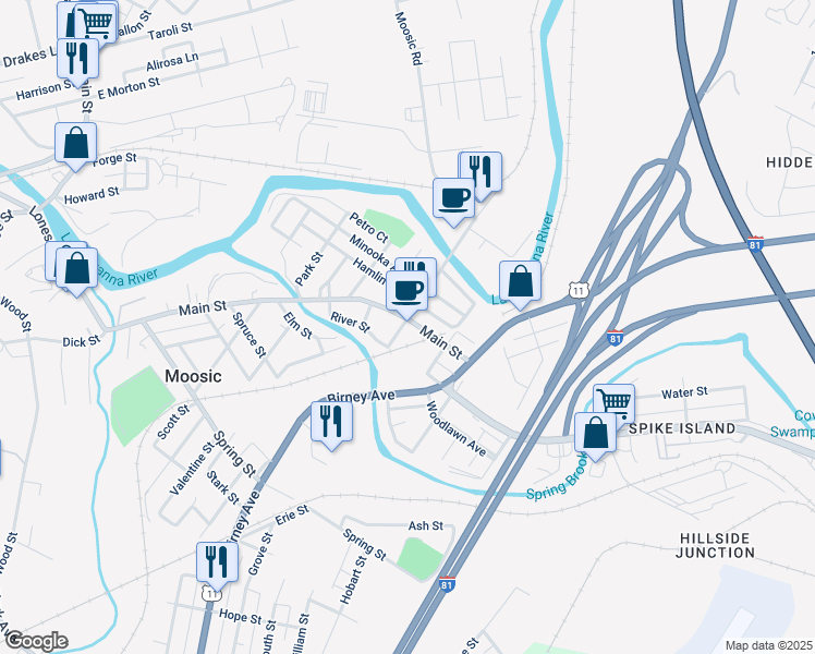 map of restaurants, bars, coffee shops, grocery stores, and more near 700 Main Street in Moosic