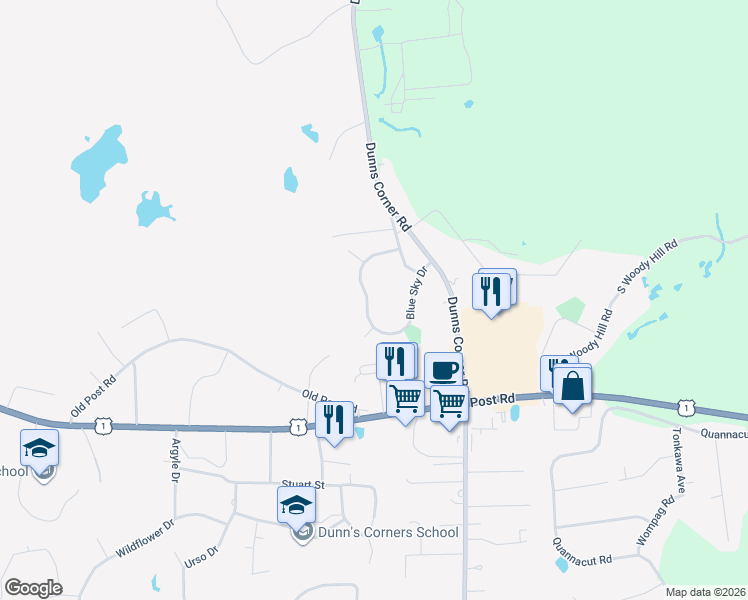 map of restaurants, bars, coffee shops, grocery stores, and more near 17 Blue Sky Drive in Westerly