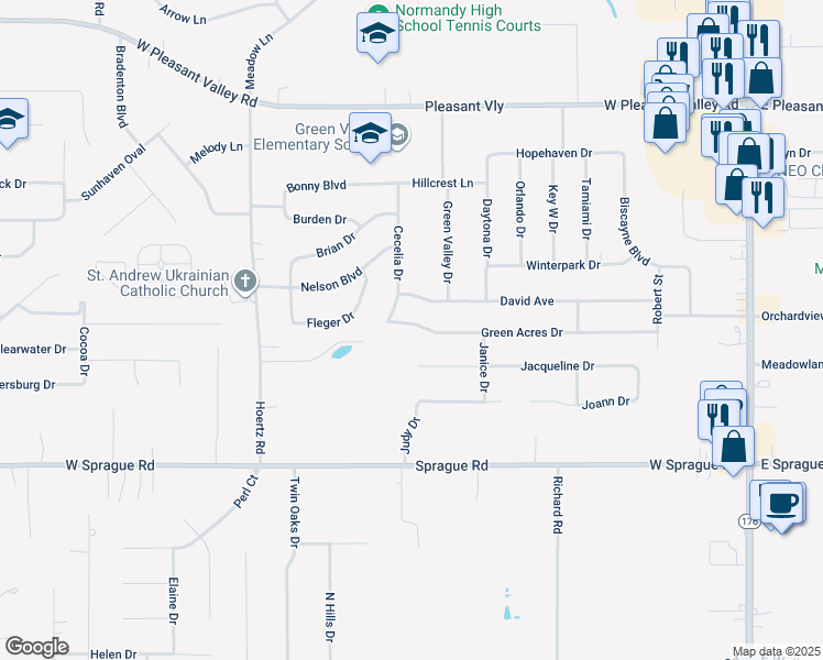 map of restaurants, bars, coffee shops, grocery stores, and more near 2325 Green Acres Drive in Parma