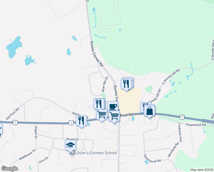 map of restaurants, bars, coffee shops, grocery stores, and more near 6 Blue Sky Drive in Westerly