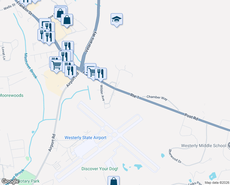 map of restaurants, bars, coffee shops, grocery stores, and more near 39 Post Road in Westerly