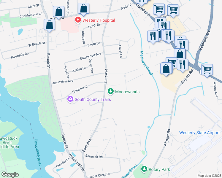 map of restaurants, bars, coffee shops, grocery stores, and more near 3 Jana Road in Westerly