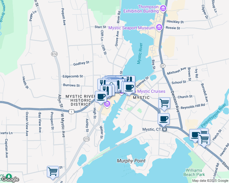map of restaurants, bars, coffee shops, grocery stores, and more near 28 West Main Street in Groton