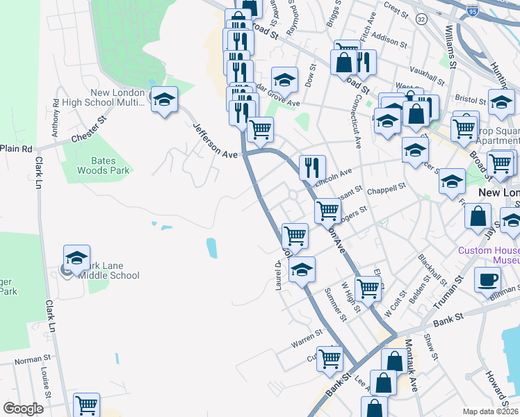 map of restaurants, bars, coffee shops, grocery stores, and more near 61 Fuller Street in New London