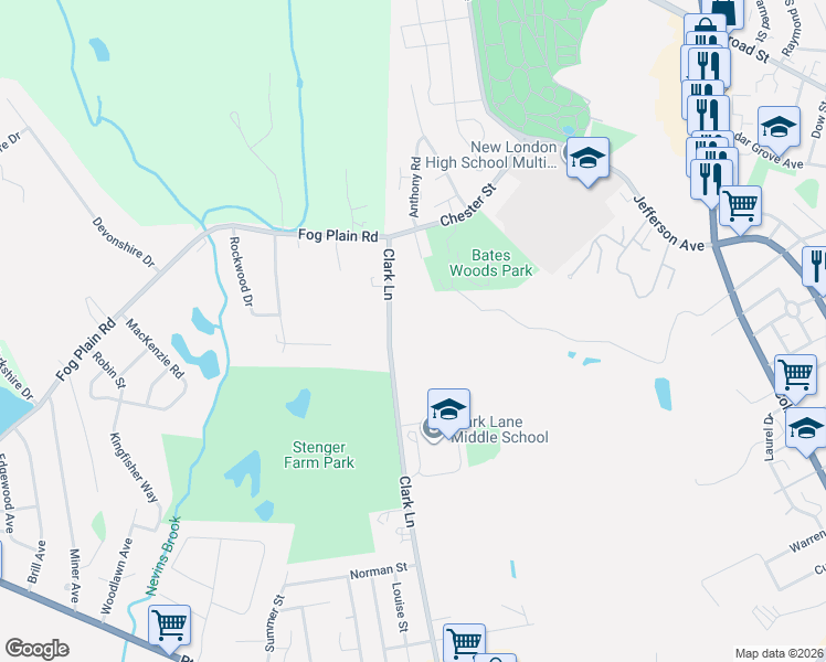 map of restaurants, bars, coffee shops, grocery stores, and more near 131 Clark Lane in Waterford