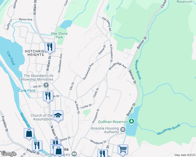 map of restaurants, bars, coffee shops, grocery stores, and more near 61 Woodbridge Avenue in Ansonia