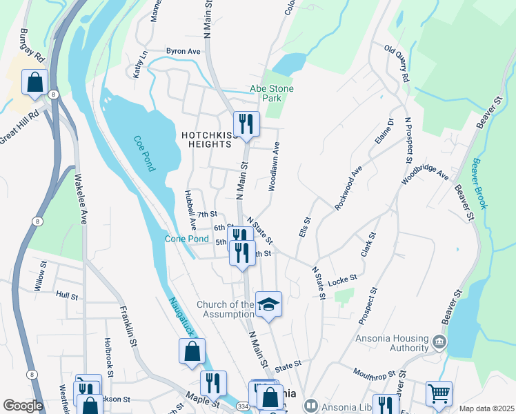 map of restaurants, bars, coffee shops, grocery stores, and more near 23 Smith Street in Ansonia