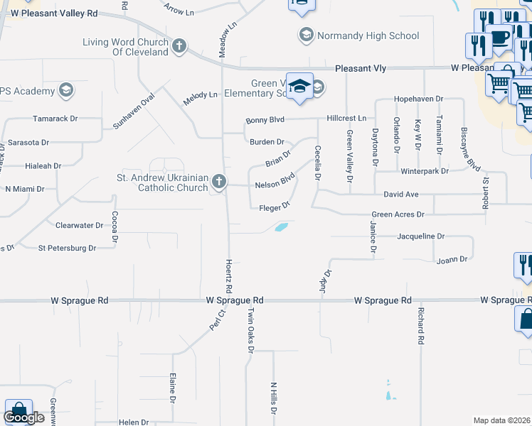 map of restaurants, bars, coffee shops, grocery stores, and more near 2823 Fleger Drive in Parma