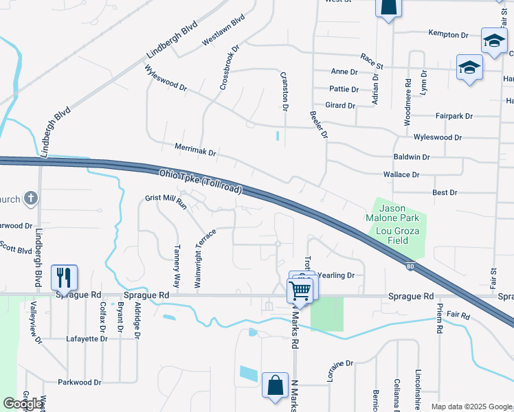 map of restaurants, bars, coffee shops, grocery stores, and more near 23154 Grist Mill Court in Olmsted Falls