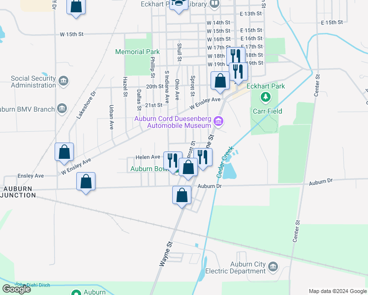 map of restaurants, bars, coffee shops, grocery stores, and more near 339 Lincoln Street in Auburn