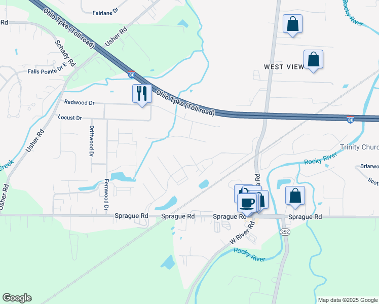 map of restaurants, bars, coffee shops, grocery stores, and more near 8875 Summerset Lane in Olmsted Falls