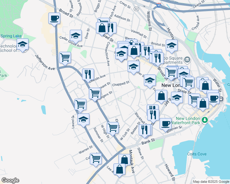 map of restaurants, bars, coffee shops, grocery stores, and more near 119 Connecticut Avenue in New London