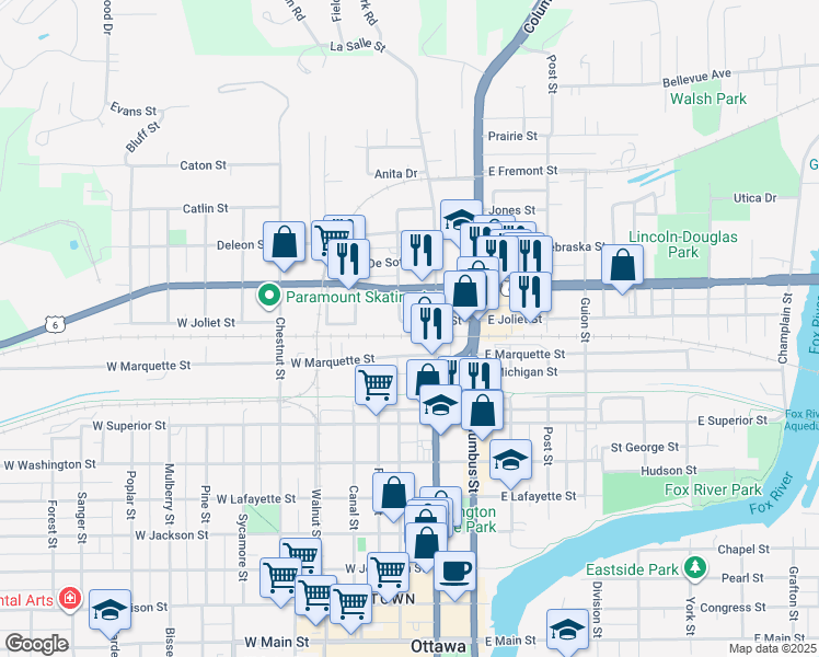 map of restaurants, bars, coffee shops, grocery stores, and more near 211 West Joliet Street in Ottawa